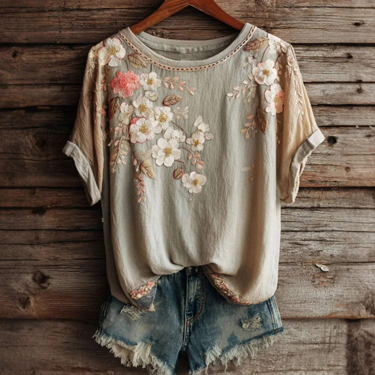 Rose Embroidered Boho Lace-Trim Blouse