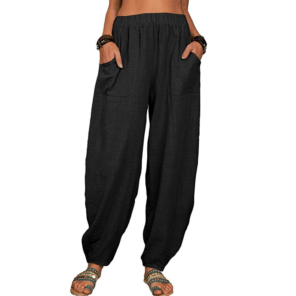 Boho Pants Solid Balloon-Leg Linen Trousers