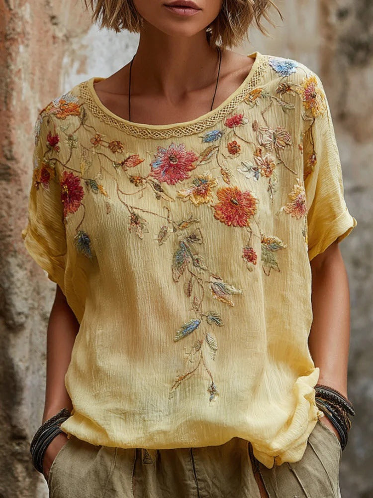 Rose Embroidered Boho Lace-Trim Blouse