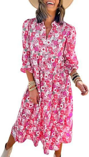 Floral Print Boho Button-Down Midi Dress