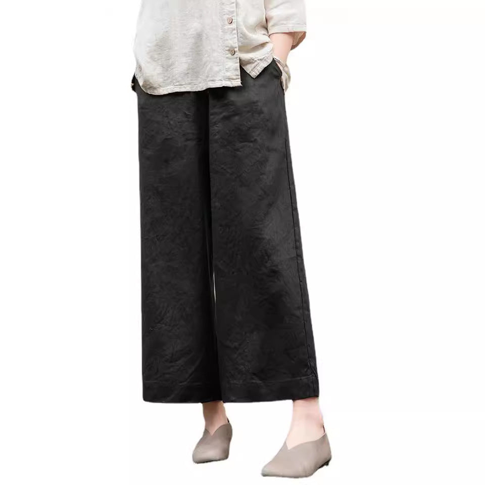 Casual Solid Linen Drawstring Wide-Leg Pants