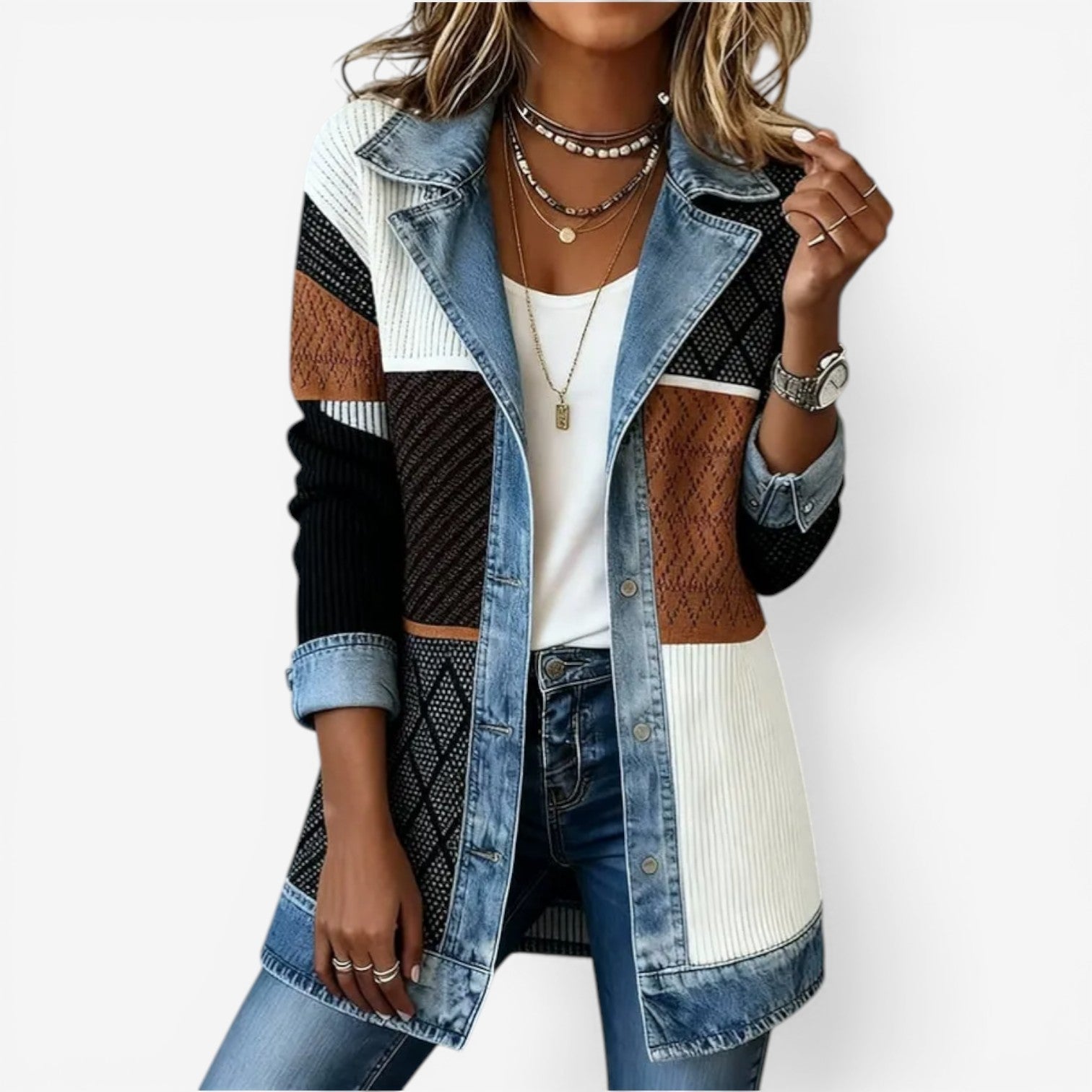 Denim Ribbed Patchwork Longline Jacket