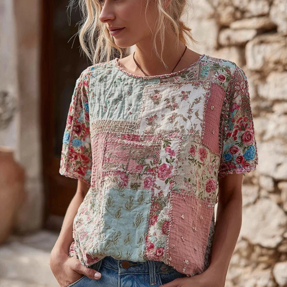Rose Embroidered Boho Lace-Trim Blouse