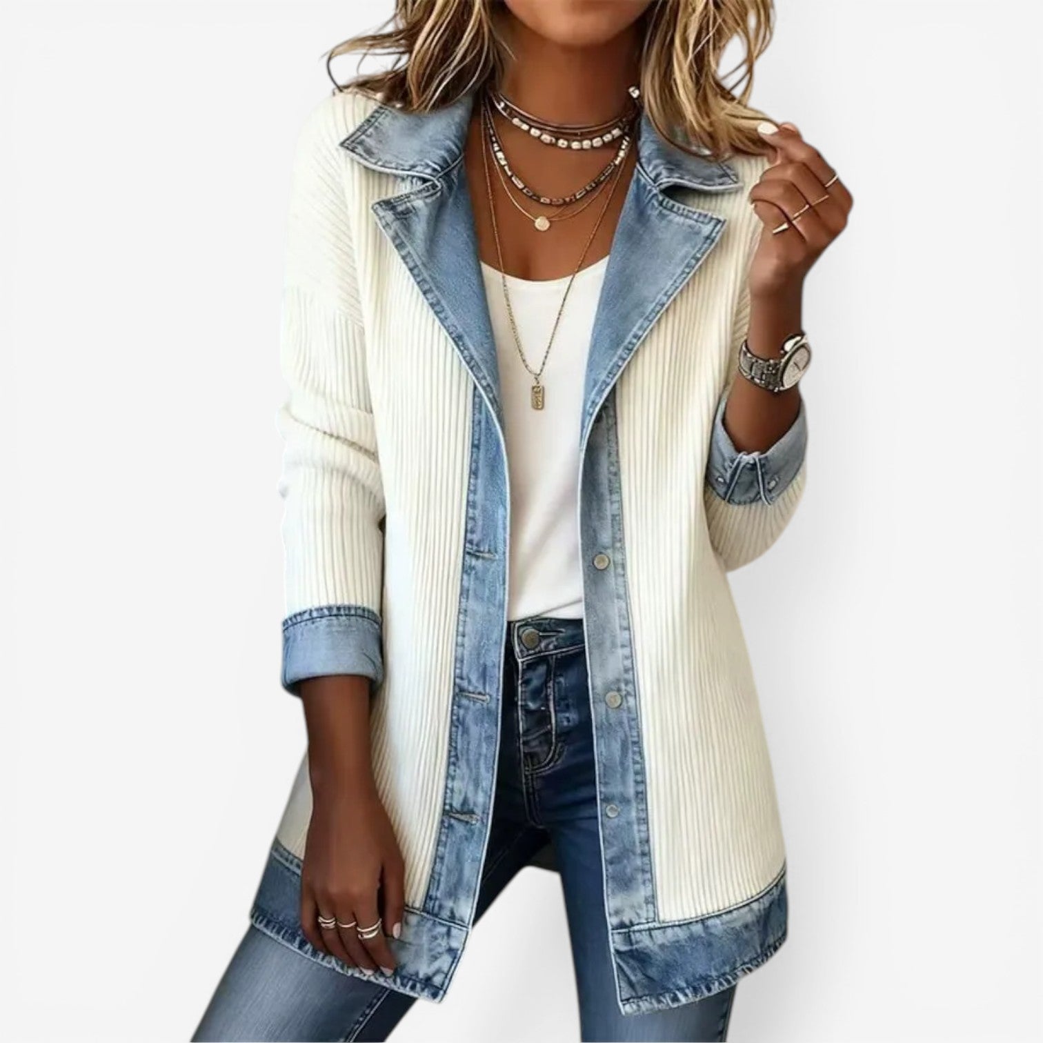 Denim Ribbed Patchwork Longline Jacket