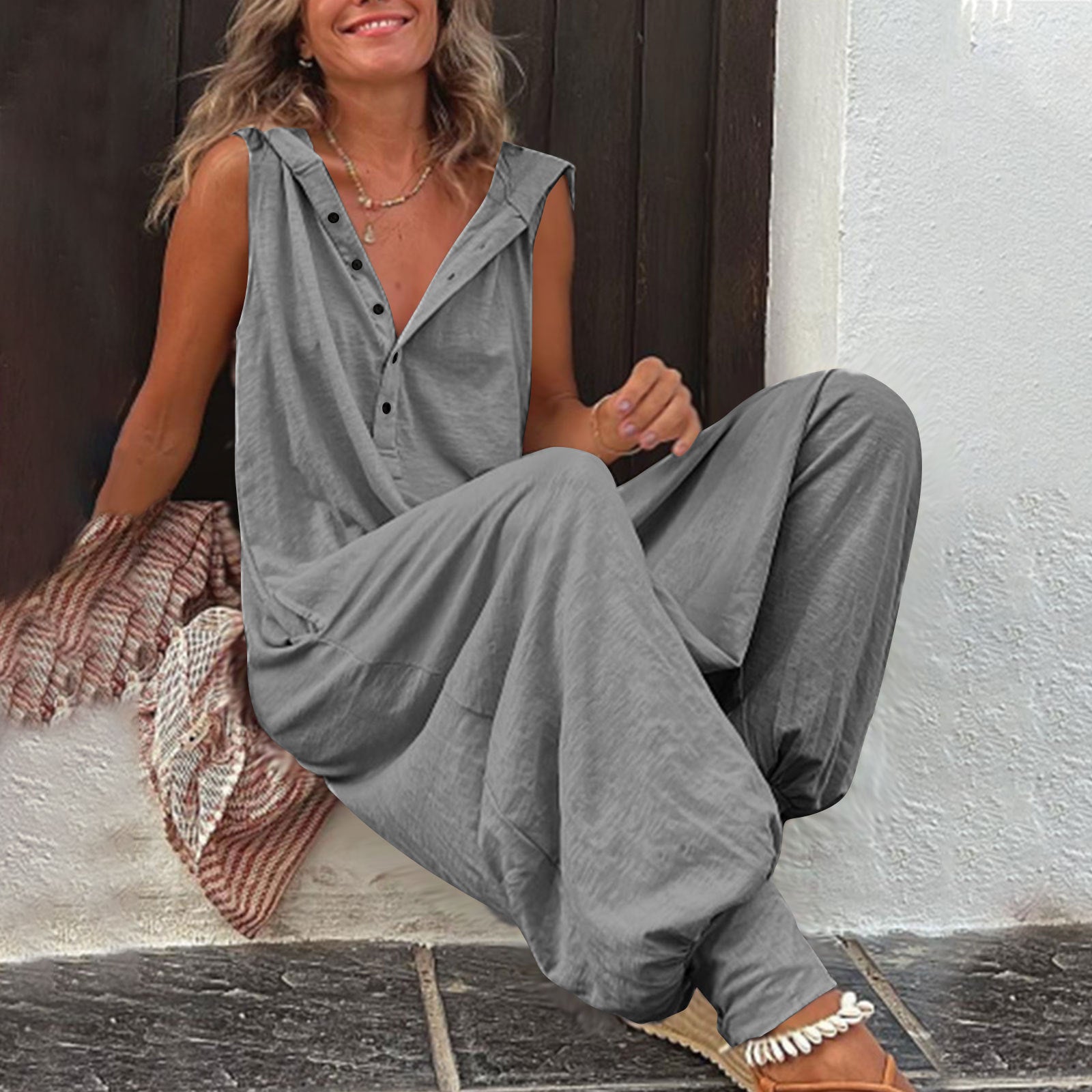 Comfortable Button Front Sleeveless Jumpsuit
