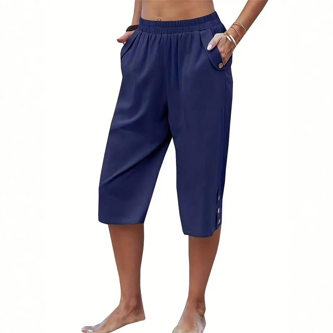 Comfortable Button Detail Cropped Pants