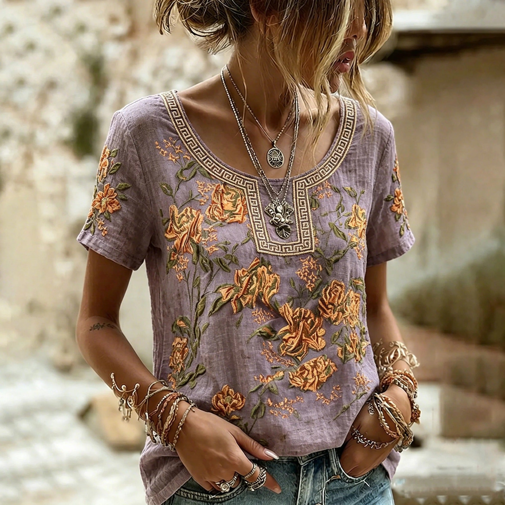 Rose Embroidered Boho Lace-Trim Blouse