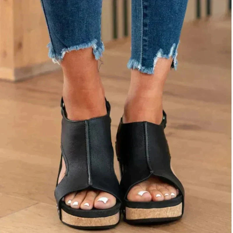 Orthopedic Leather Women's Sandal with Wedge Heel and Comfort Footbed