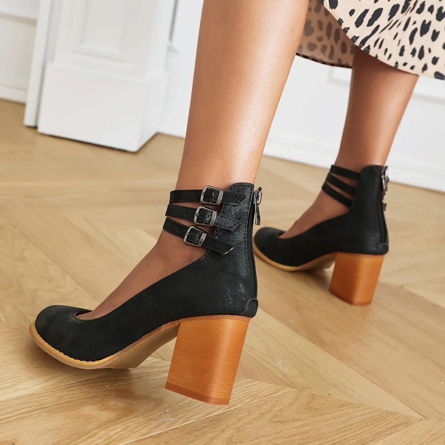 Eye-Catching Vibrant Triple-Strap Block Heel Pumps