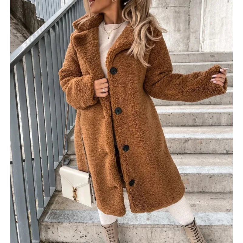 Emmeline™ | Long teddy sherpa coat with lapel collar and button front