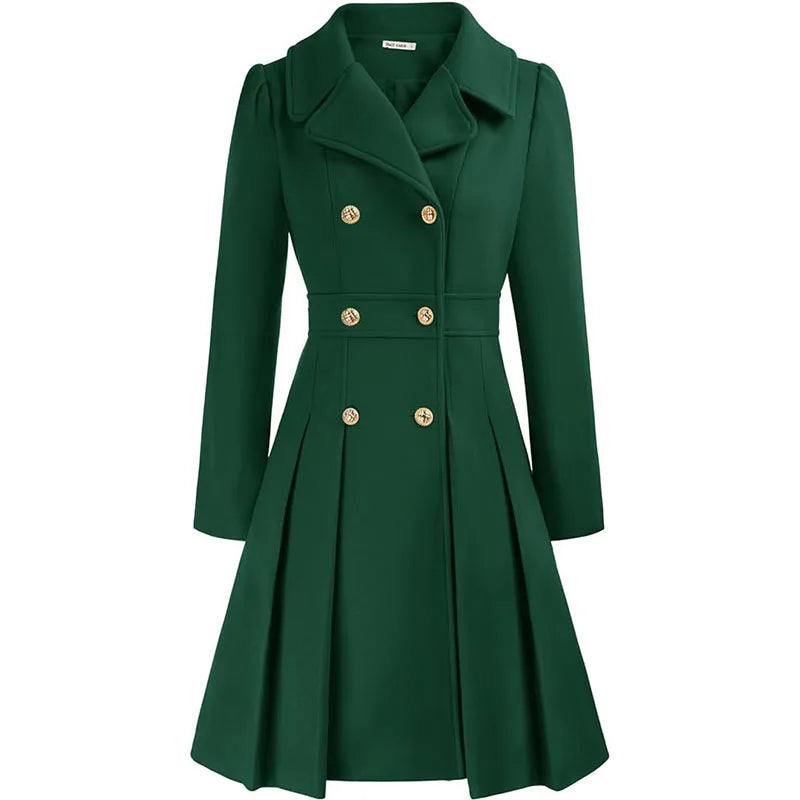 Alethea™ | Pleated Double-Breasted Fit-and-Flare Coat