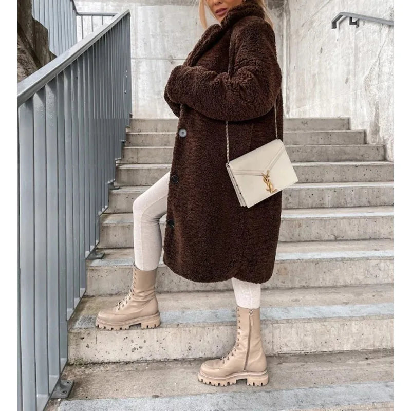 Emmeline™ | Long teddy sherpa coat with lapel collar and button front