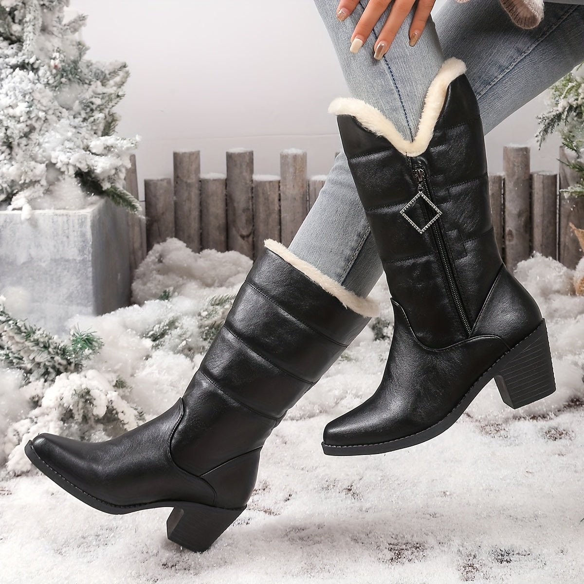 Beryl™ | Faux-fur cuff side-zip heeled knee-high boots