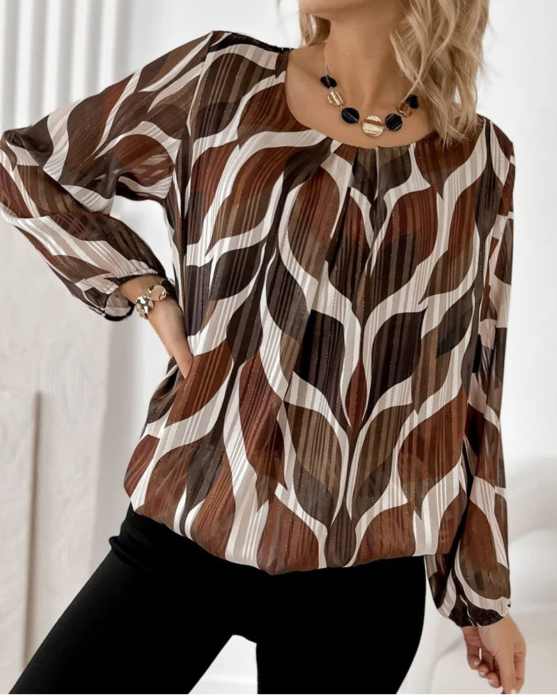 Artistic Leaf Print Pleated Long-Sleeve Blouse