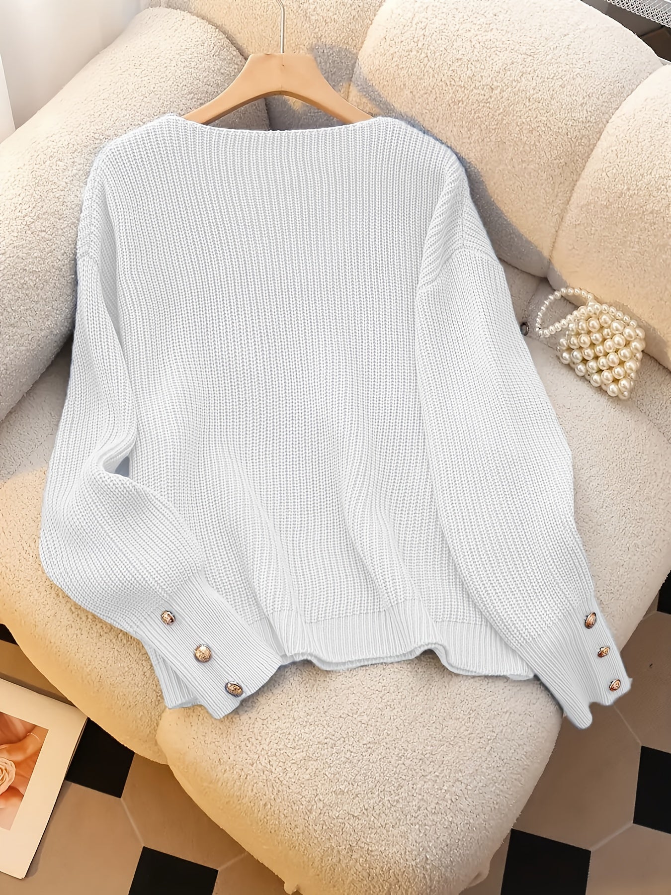 Vivian™ | Ribbed Knit Button-Cuff V-Neck Sweater