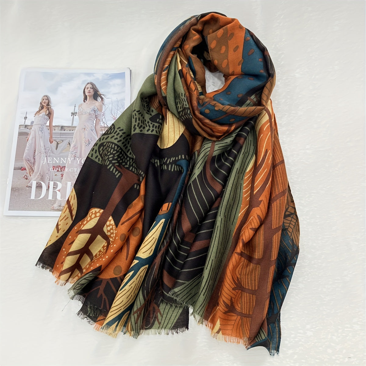 Tamara™ | Leaf-Print Multicolor Oblong Scarf Wrap