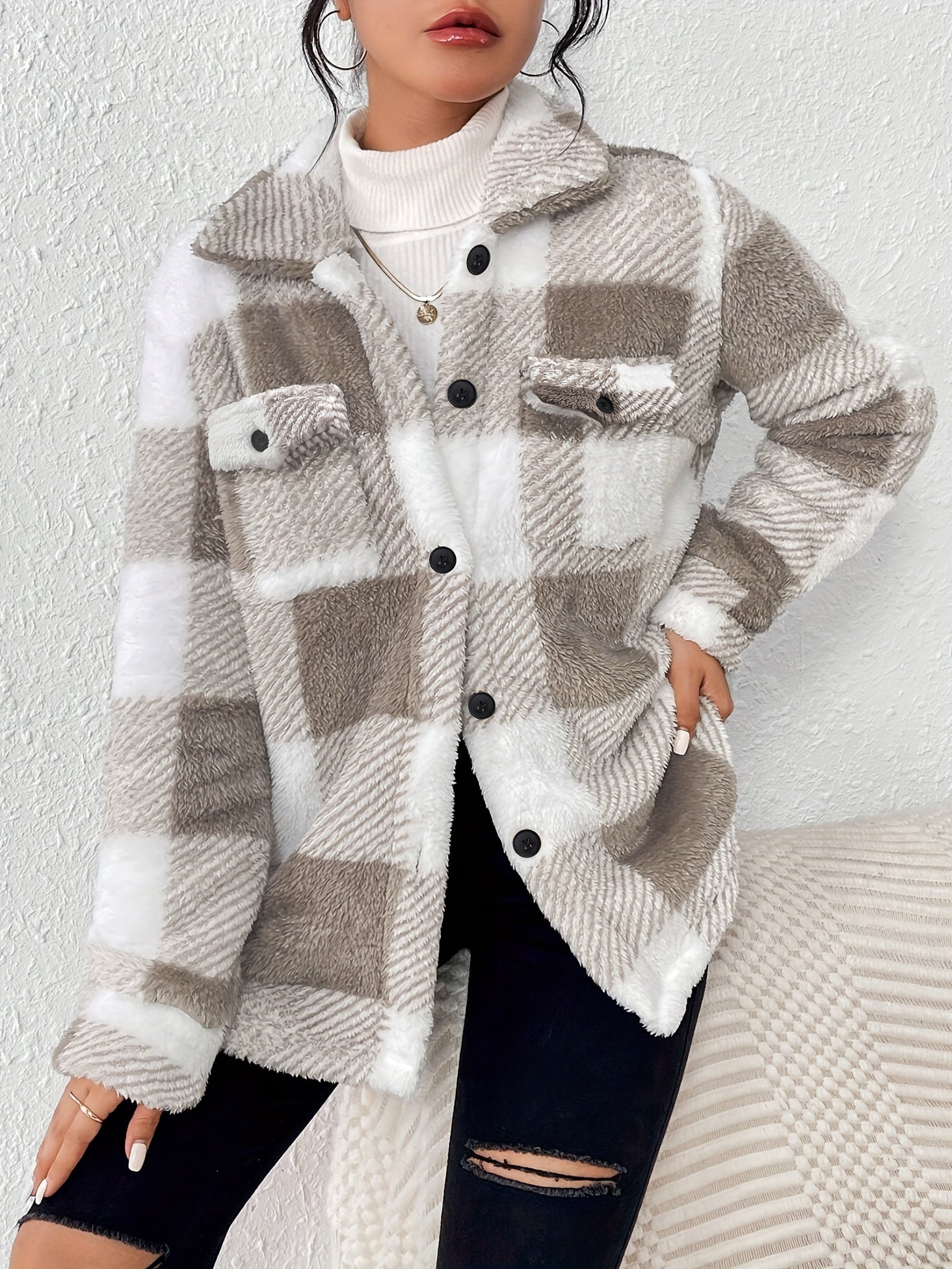 Lilou™ | Fleece Plaid Button-Up Shacket Jacket