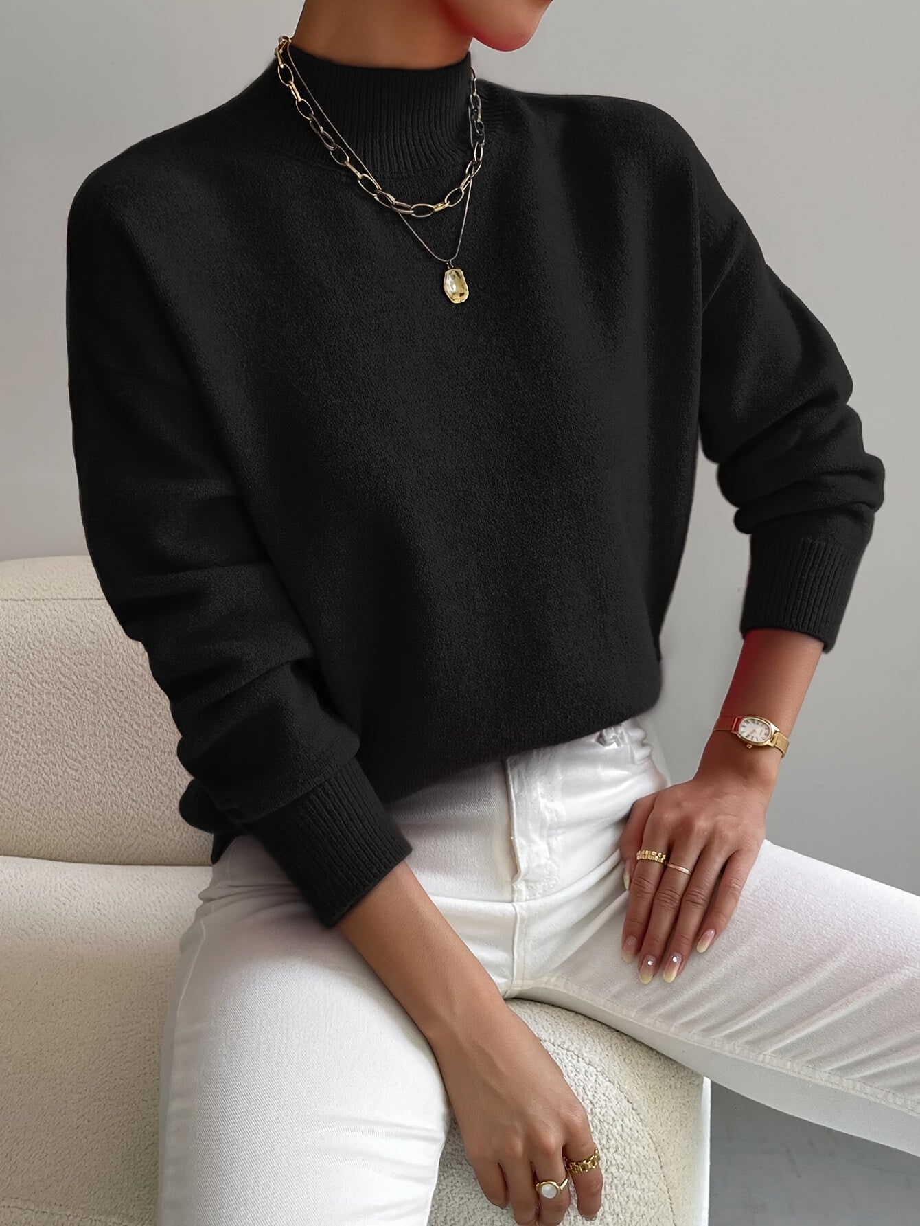 Roslyn™ | Ribbed-Trim Long-Sleeve Mock-Neck Sweater