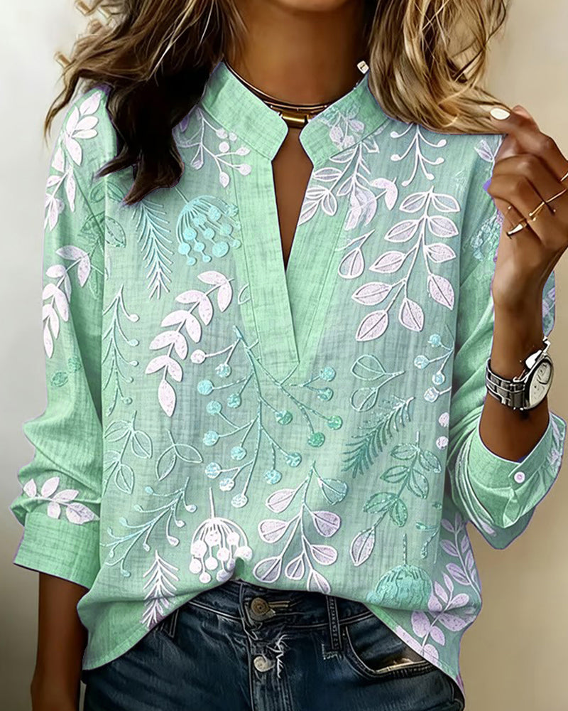 Blouse with Floral Print and Stand-Up Collar