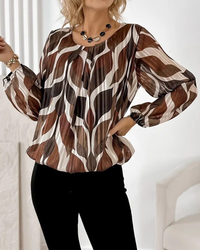 Artistic Leaf Print Pleated Long-Sleeve Blouse