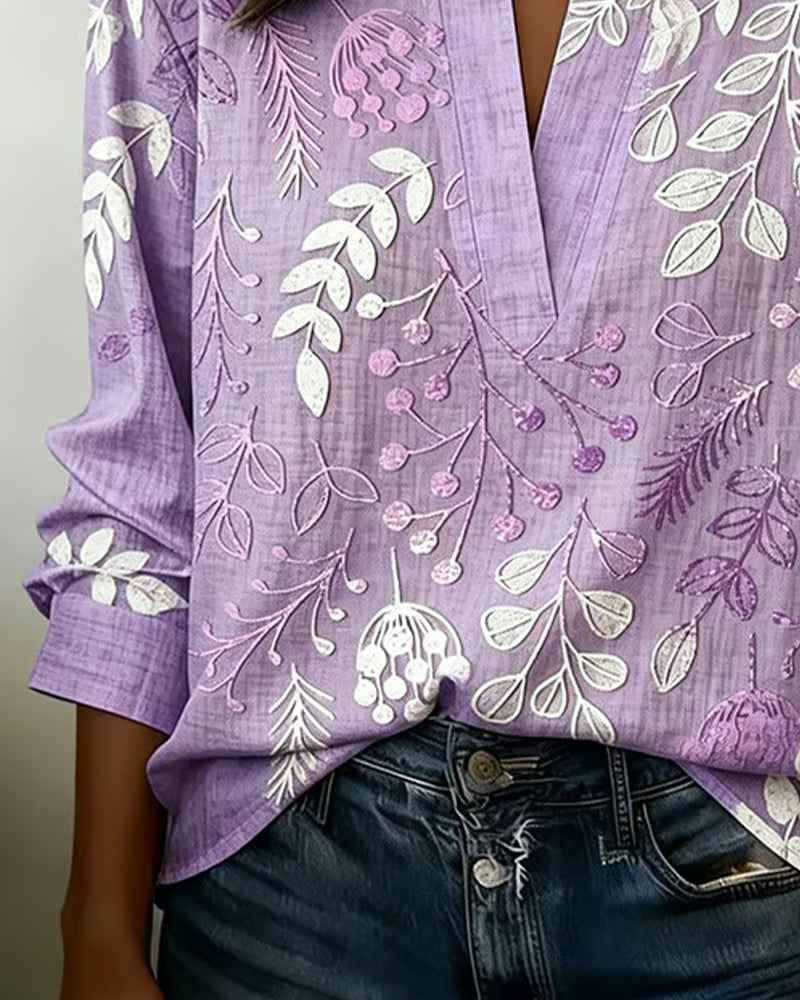 Blouse with Floral Print and Stand-Up Collar