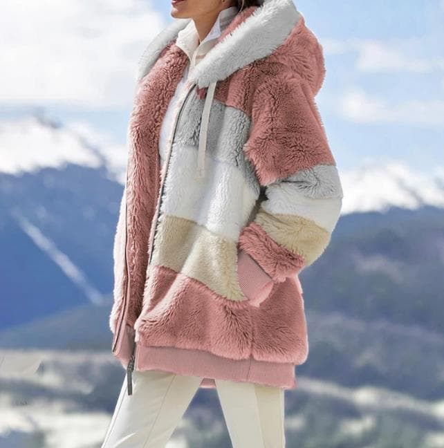 Oversized Color Block Fuzzy Hooded Jacket