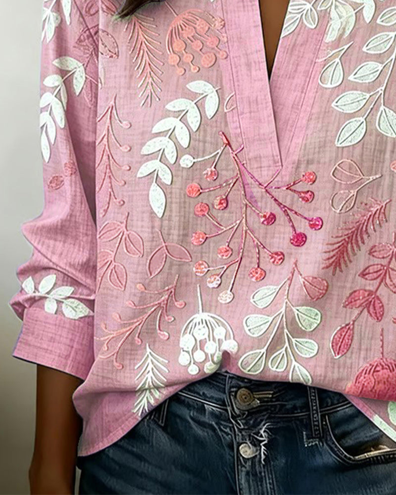Blouse with Floral Print and Stand-Up Collar