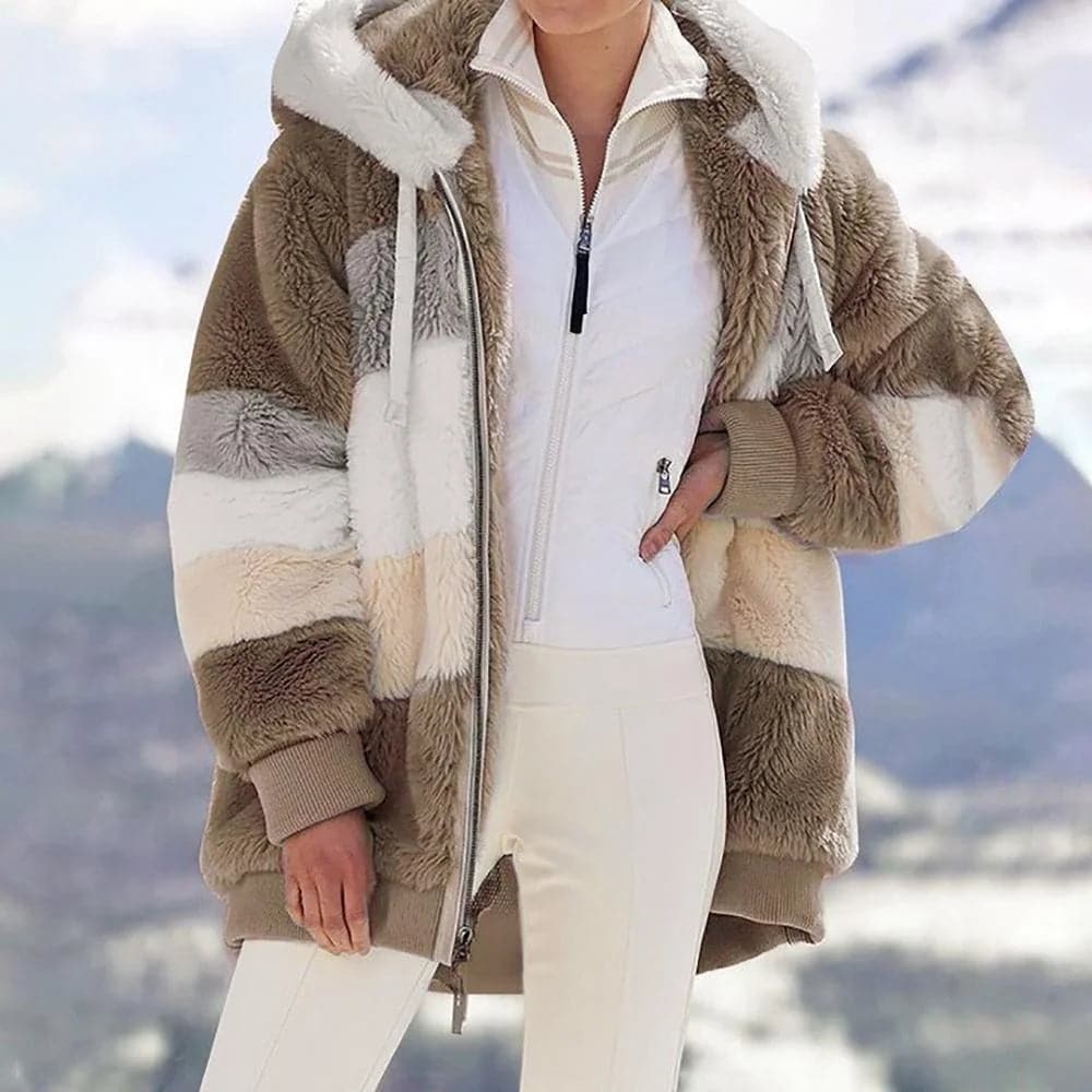 Oversized Color Block Fuzzy Hooded Jacket