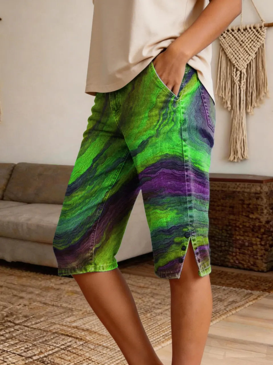 Marble-Print Boho Colorful Denim Bermuda Shorts