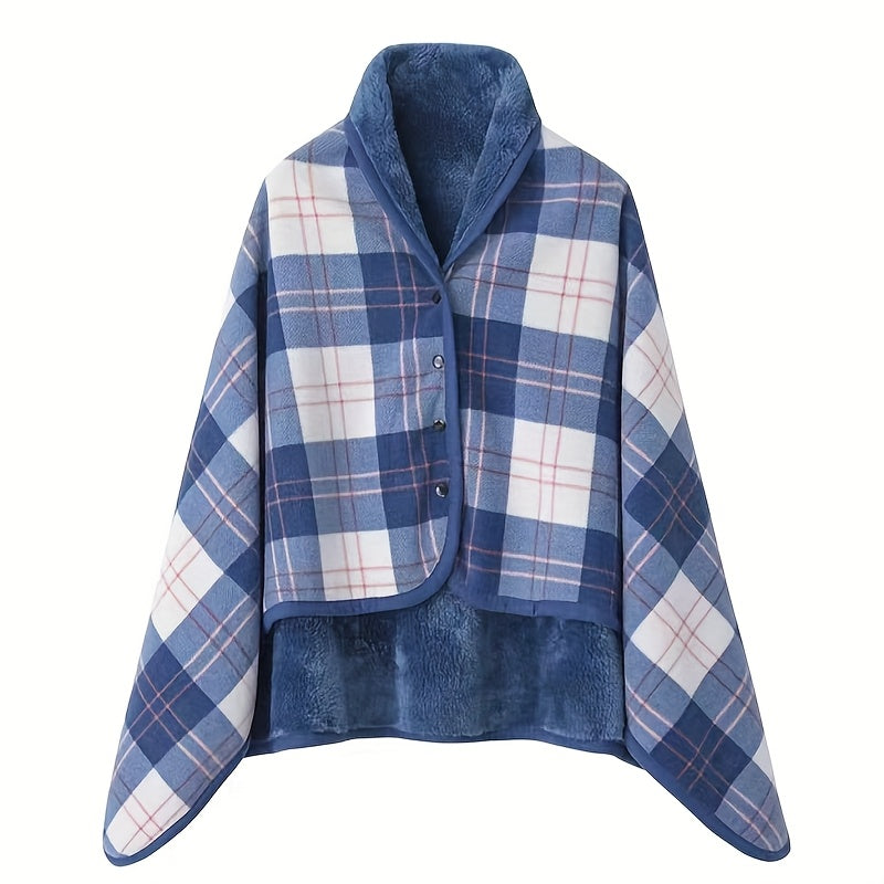 Steela™ | Plaid Fleece-Lined Buttoned Poncho Cape