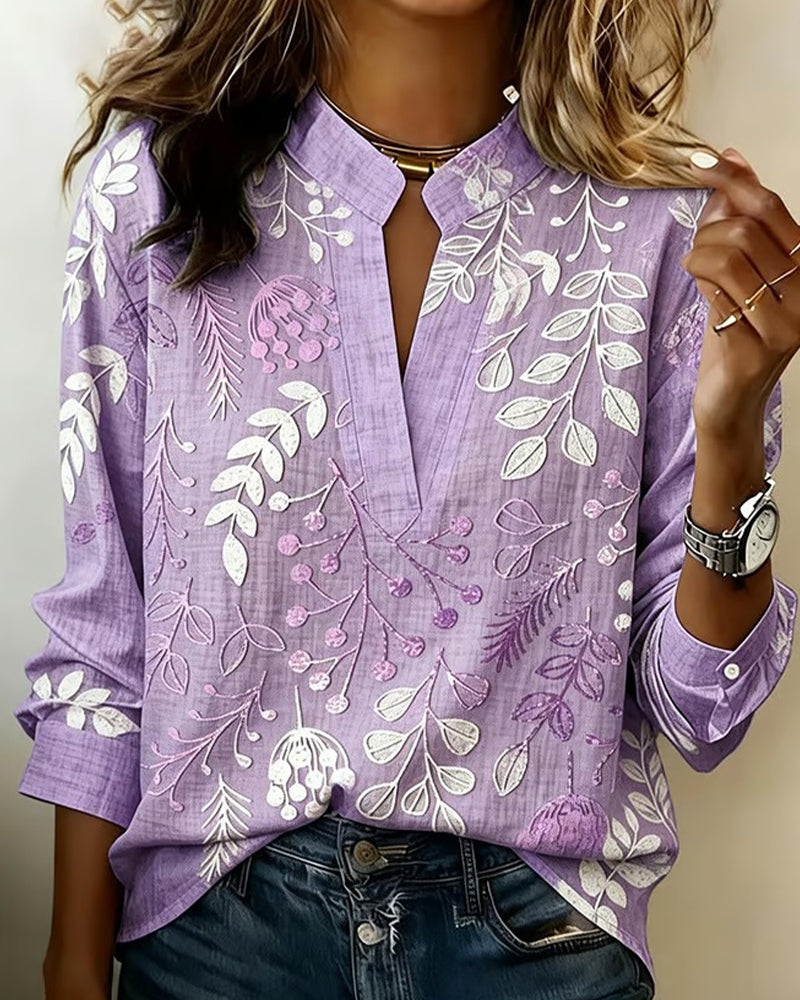 Blouse with Floral Print and Stand-Up Collar