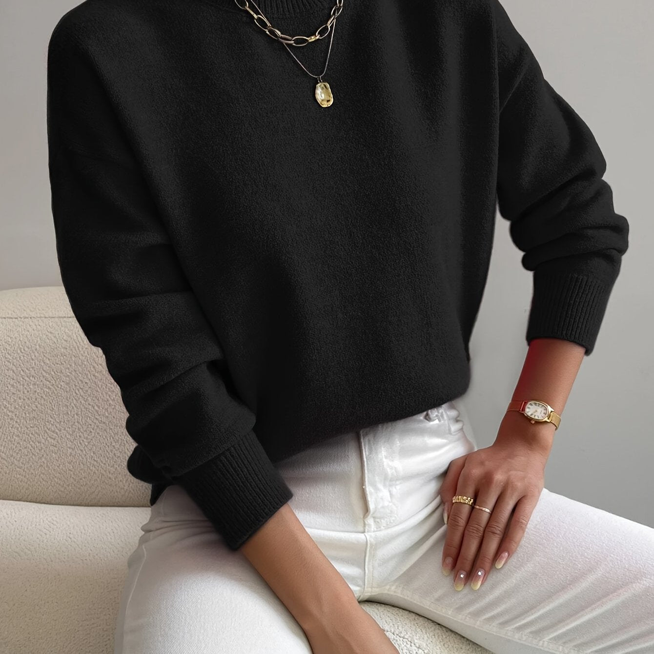 Roslyn™ | Ribbed-Trim Long-Sleeve Mock-Neck Sweater