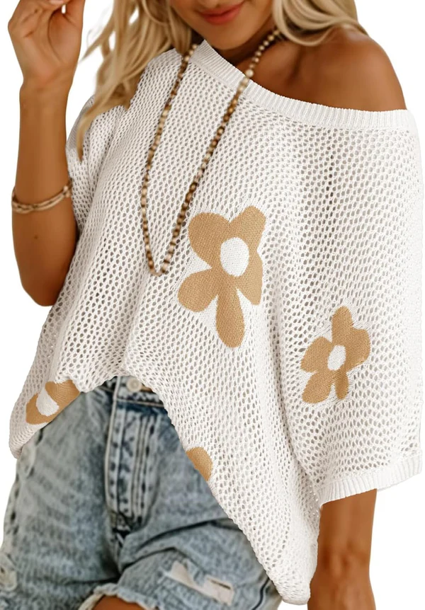 Artistic Floral Mesh Knit Batwing Shirt