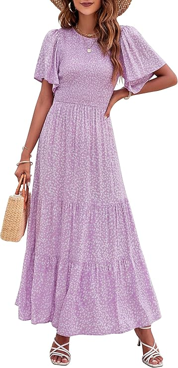 Elegant Lilac Floral Smocked Tiered Maxi Dress