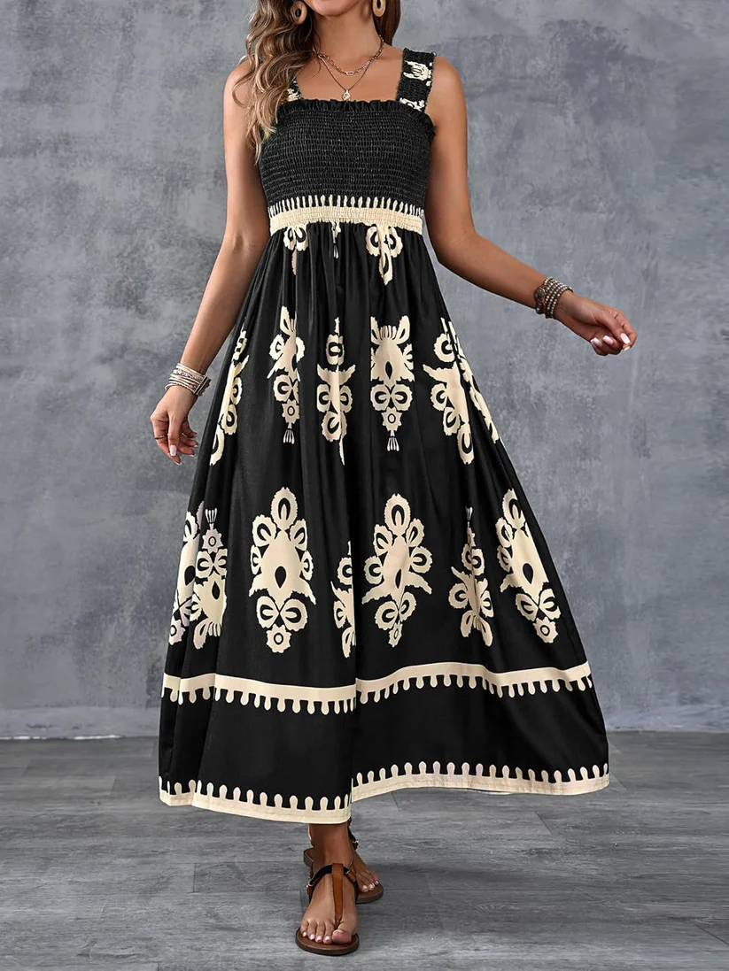 Bohemian Medallion Print Smocked Maxi Dress