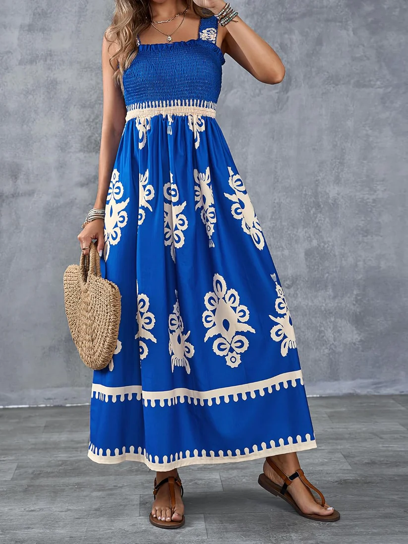 Bohemian Medallion Print Smocked Maxi Dress