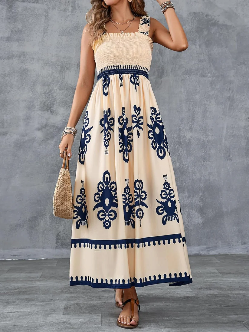 Bohemian Medallion Print Smocked Maxi Dress