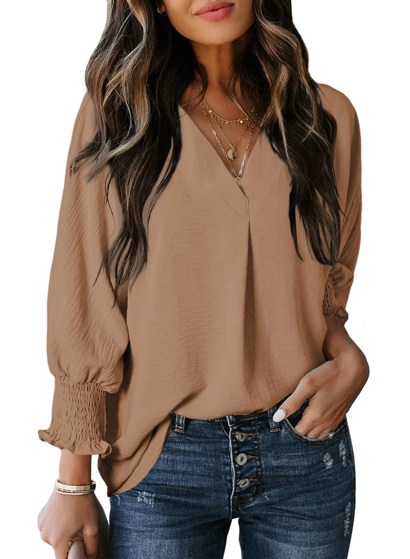 Charming Solid Smocked-Cuff V-Neck Blouse
