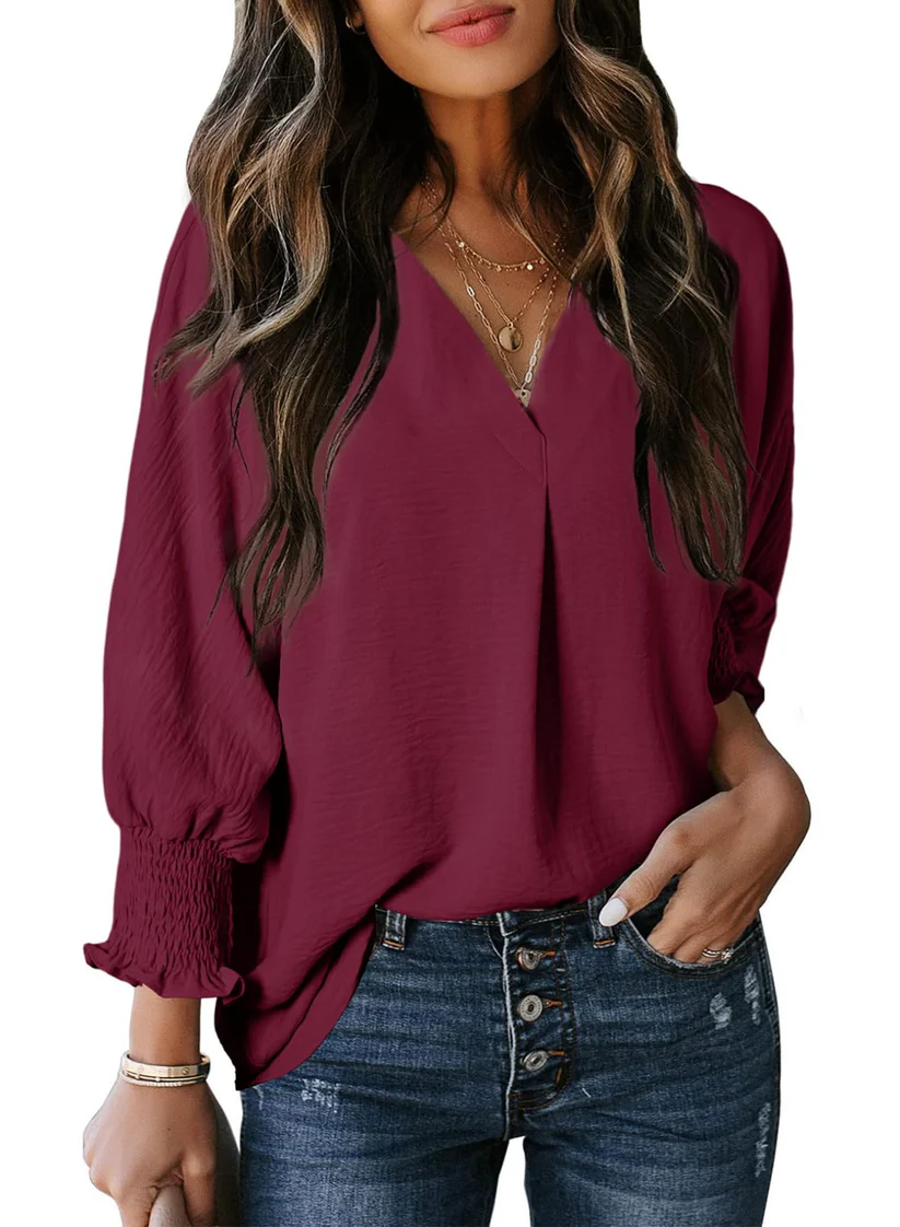 Charming Solid Smocked-Cuff V-Neck Blouse
