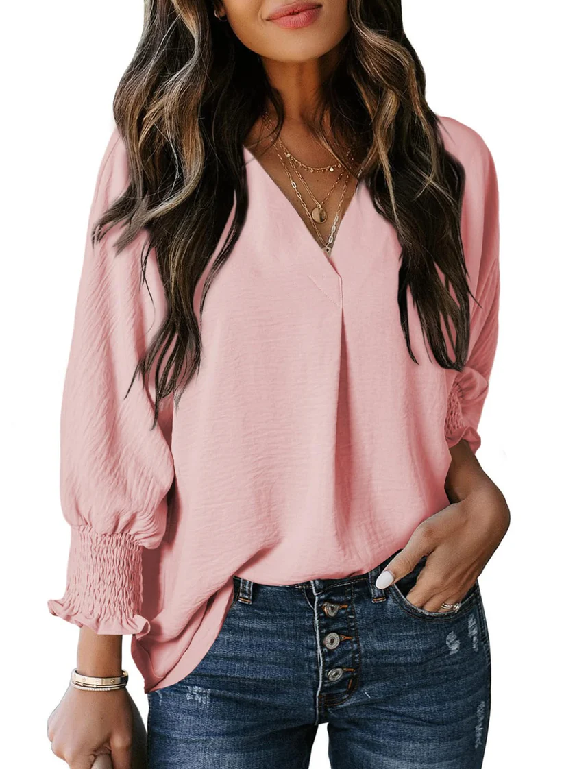 Charming Solid Smocked-Cuff V-Neck Blouse