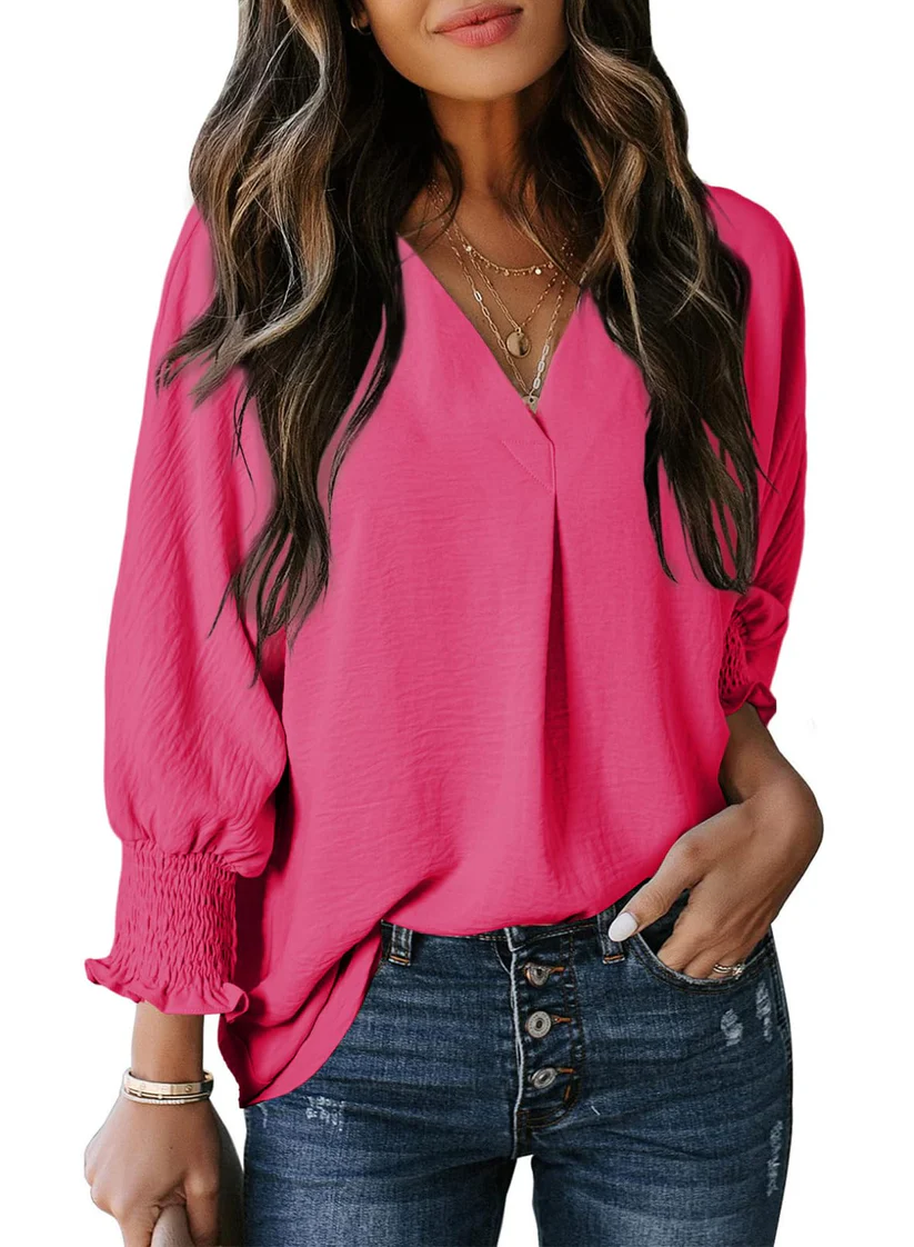 Charming Solid Smocked-Cuff V-Neck Blouse