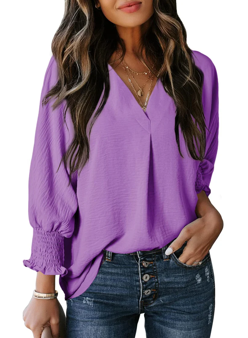Charming Solid Smocked-Cuff V-Neck Blouse
