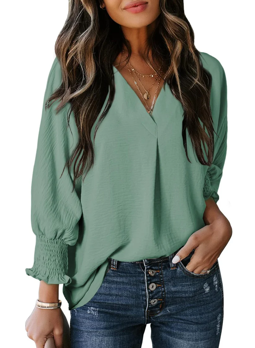 Charming Solid Smocked-Cuff V-Neck Blouse