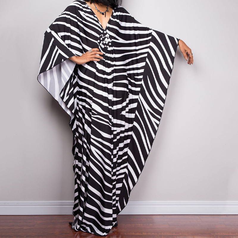 Artistic Striped V-Neck Kaftan Maxi Dress