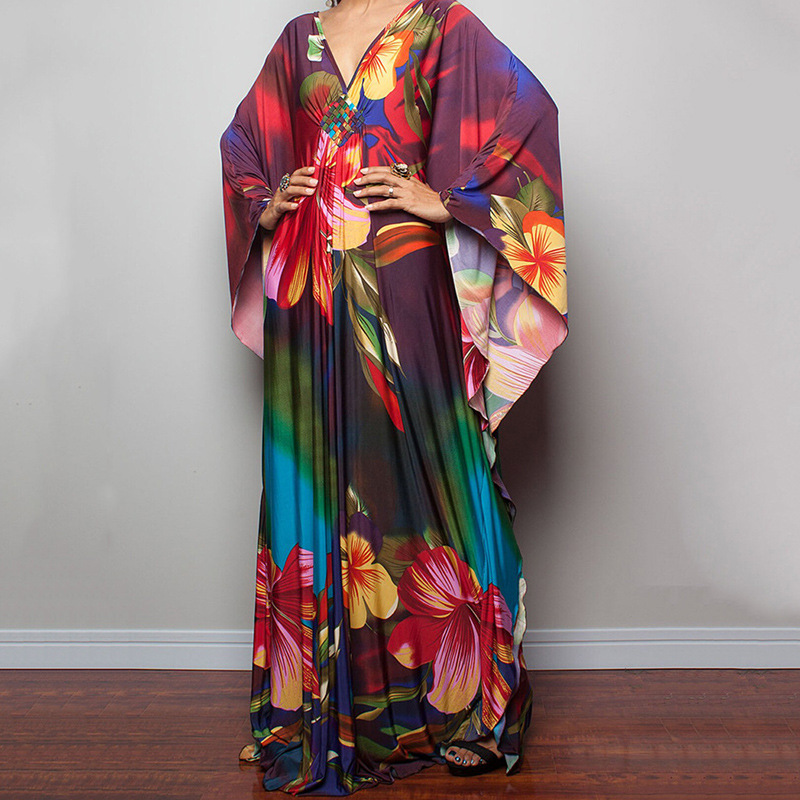 Artistic Striped V-Neck Kaftan Maxi Dress