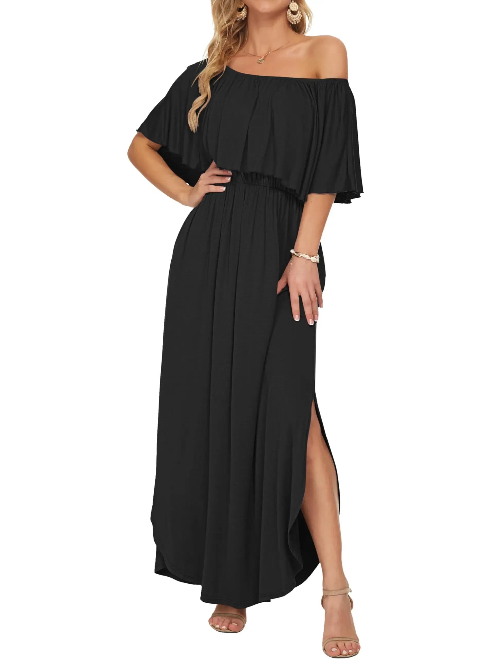 Elegant Off-The-Shoulder Floral Side-Slit Maxi Dress