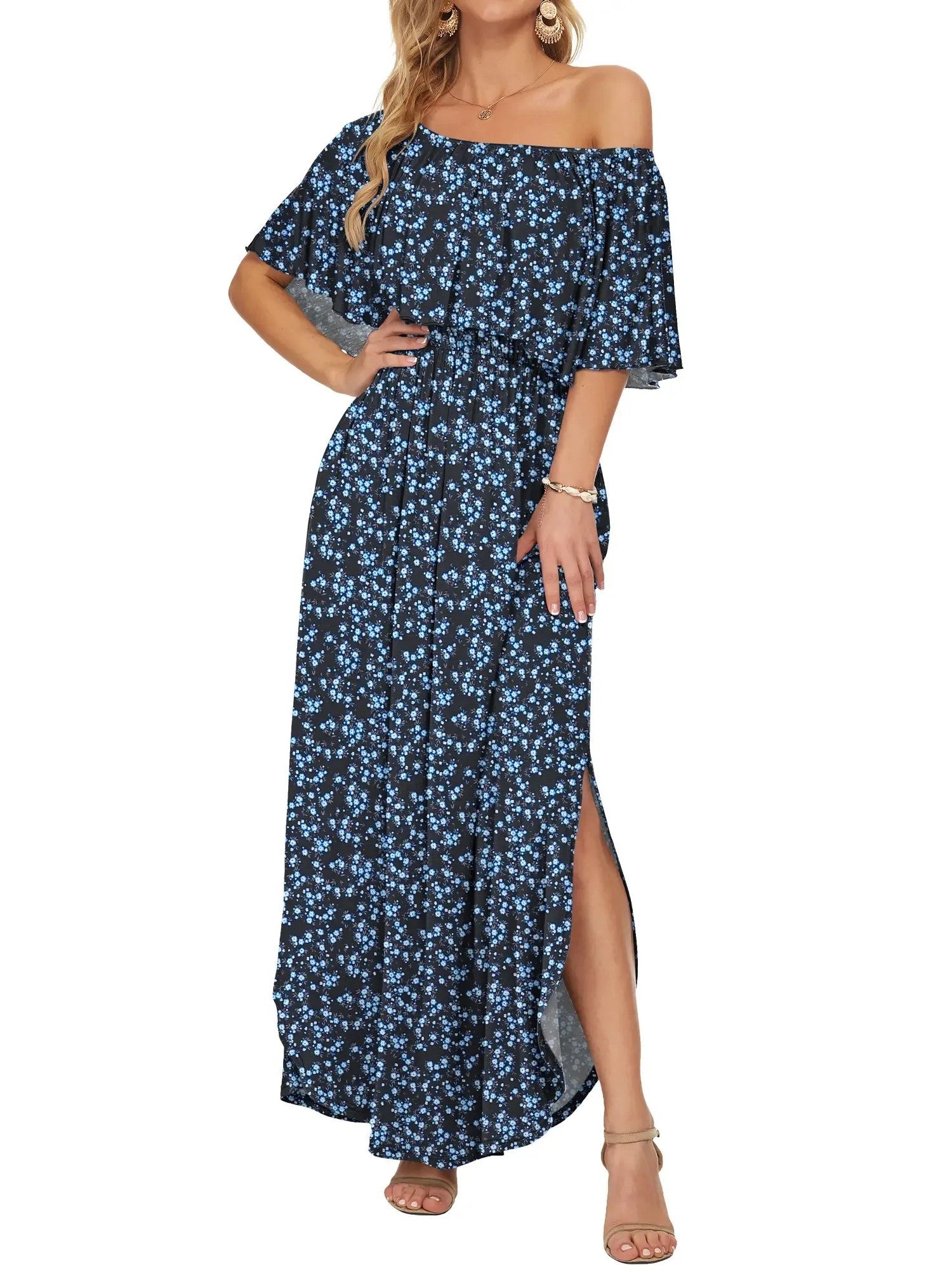Elegant Off-The-Shoulder Floral Side-Slit Maxi Dress