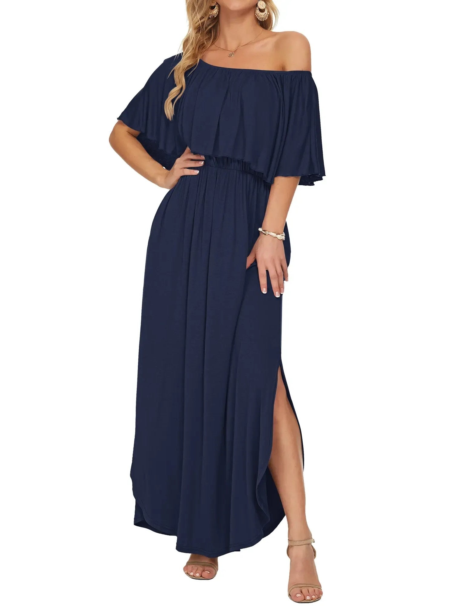 Elegant Off-The-Shoulder Floral Side-Slit Maxi Dress