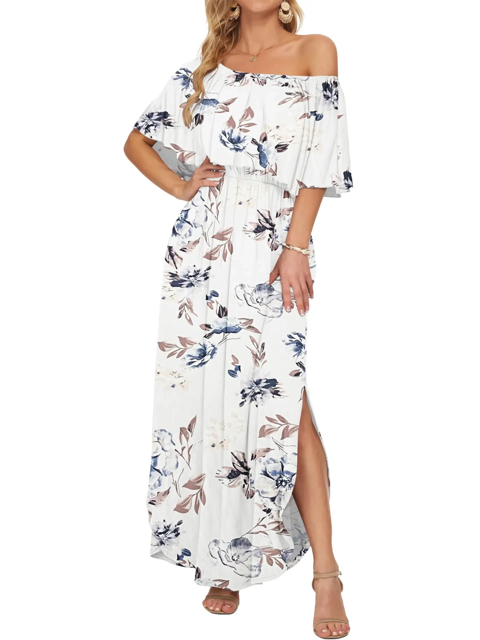 Elegant Off-The-Shoulder Floral Side-Slit Maxi Dress