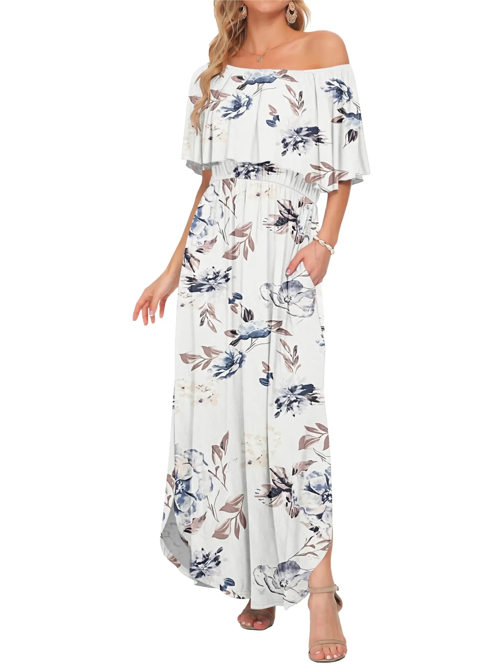 Elegant Off-The-Shoulder Floral Side-Slit Maxi Dress